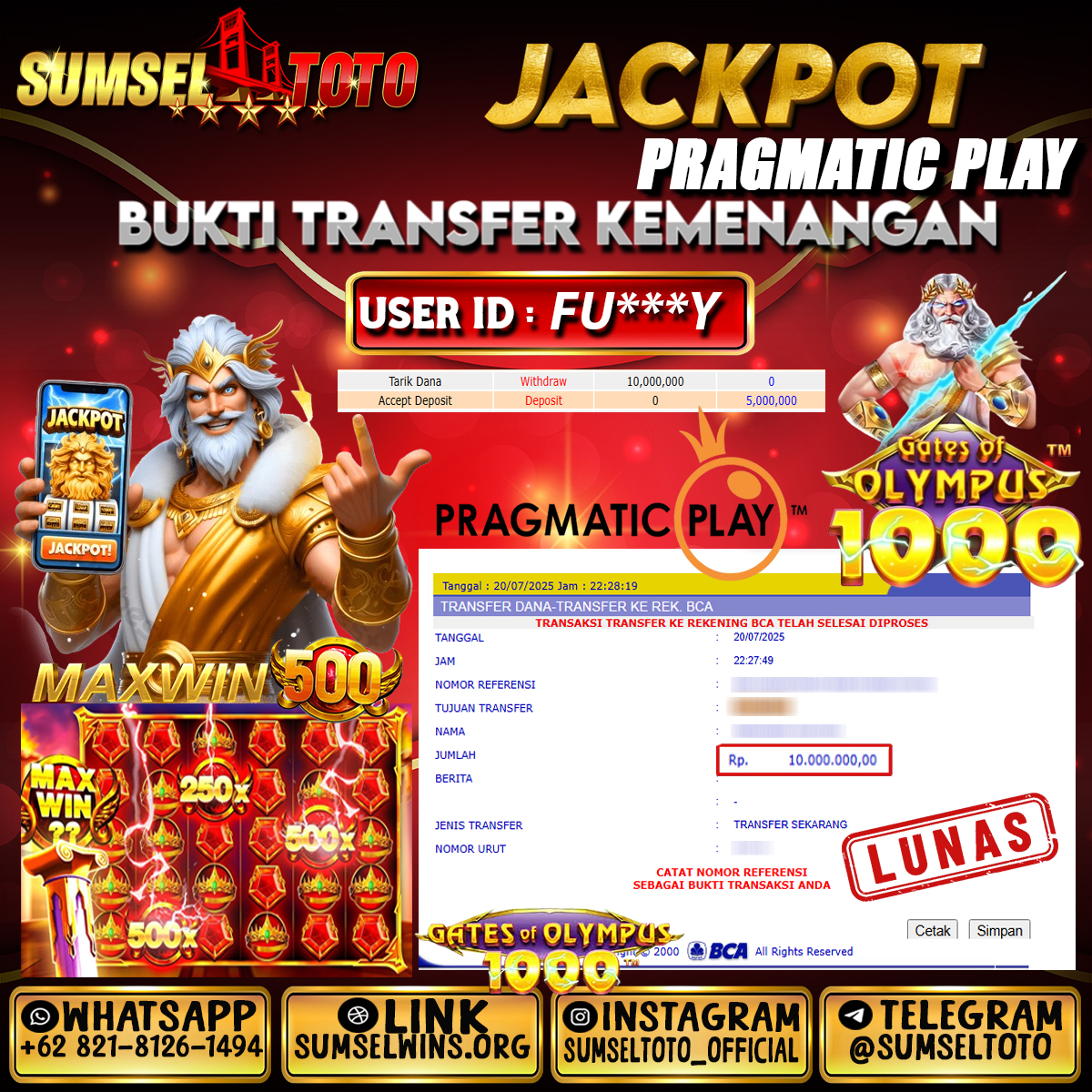SUMSELTOTO JACKPOT GATES OF OLYMPUS 1000 Rp.10,000,000.,- LUNAS